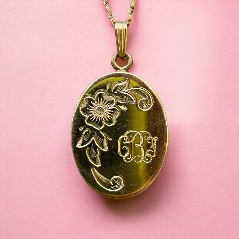 Vintage 1980s Richard Kalbe Gold Filled Floral Oval Pendant Romantic Necklace